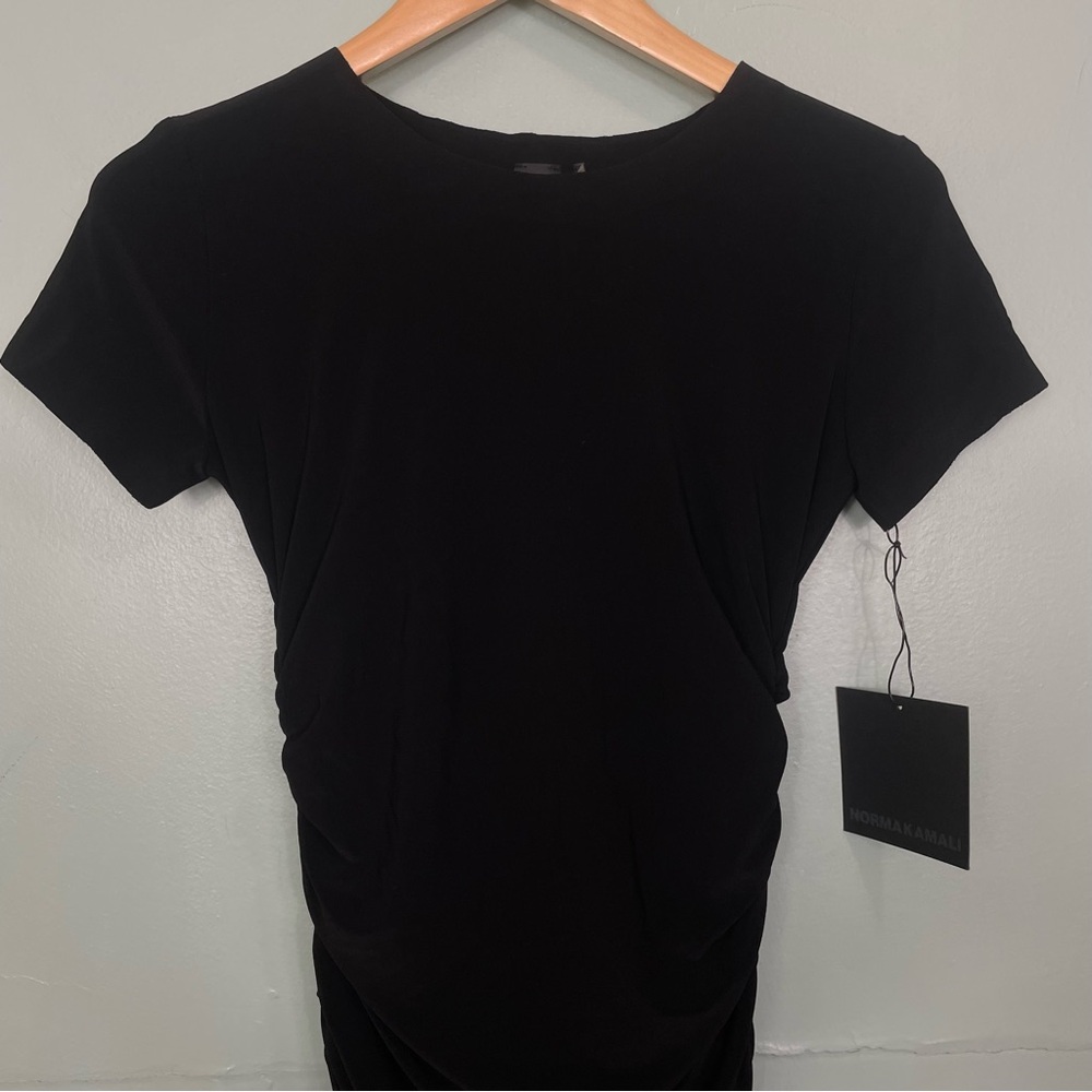 Norma Kamali Short Sleeve Crew Neck Shirred Waist‎ Dress Black Midi Body Con - Picture 5 of 11